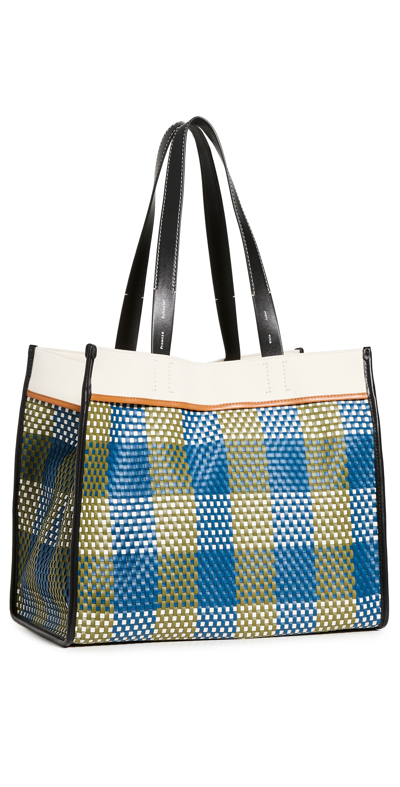 Shop Proenza Schouler White Label Morris Woven Plaid Tote In Teal/olive/white