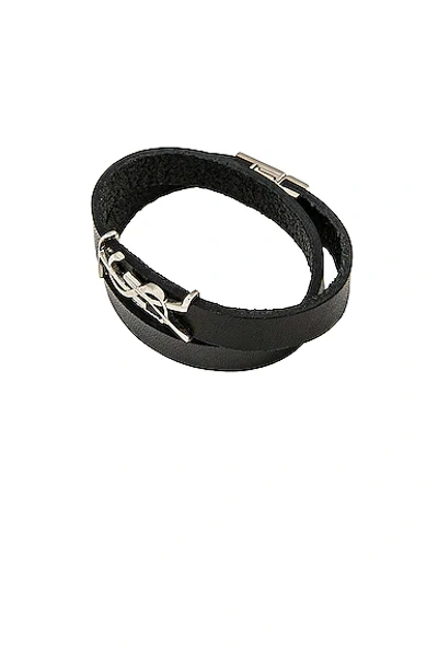 Shop Saint Laurent Double Wrap Ysl Bracelet In Black & Oxidized Nickel