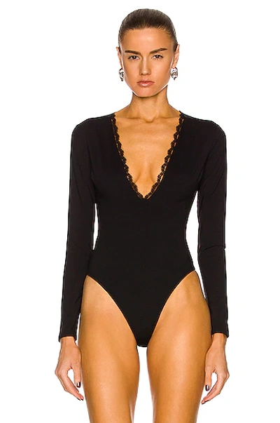 Fleur Du Mal Margo Lace Long Sleeve Thong Bodysuit In Black