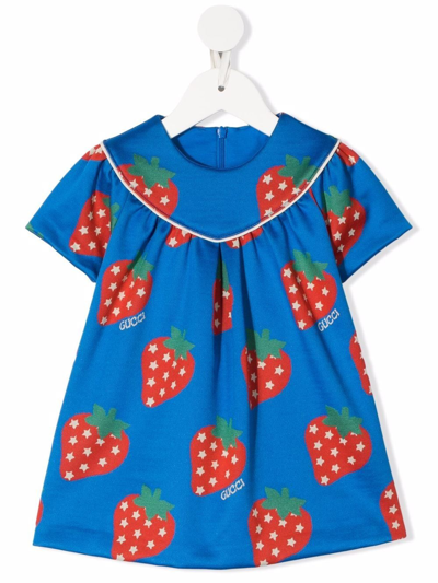 Shop Gucci Strawberry-print Short-sleeved Dress In Blue