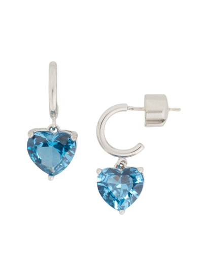 Shop Kate Spade Women's Silvertone & Crystal Heart Huggie Earrings In Blue