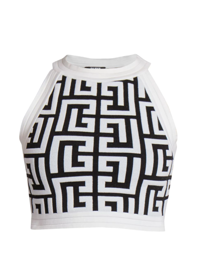 Shop Balmain Women's Cropped Knit Monogram Tank Top In Noir Blanc