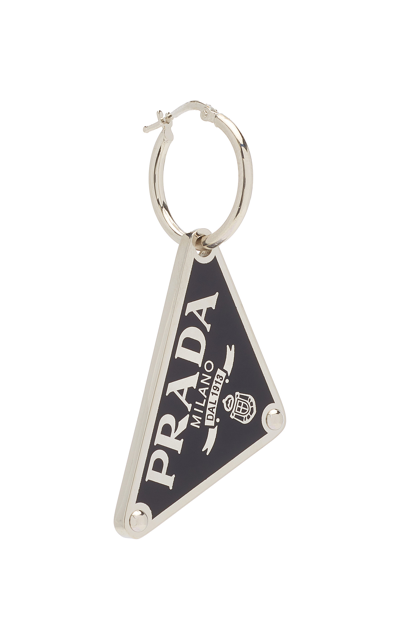 Shop Prada Enameled Sterling Silver Single Logo Earring In Black