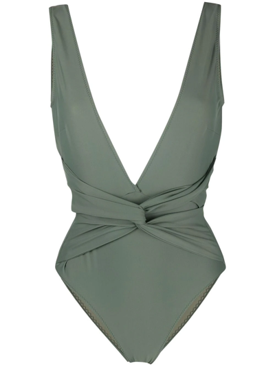 Shop Noire Swimwear Knot-detailed V-neck Swimsuit In Green
