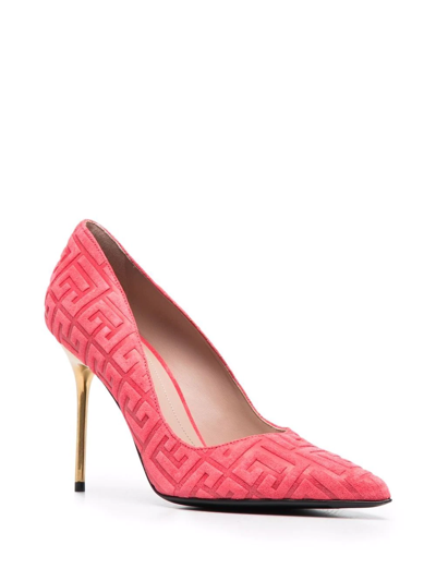 Balmain Ruby Suede Debossed Monogram Pumps In Pink