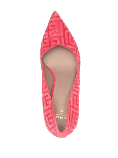 Balmain Ruby Suede Debossed Monogram Pumps In Pink