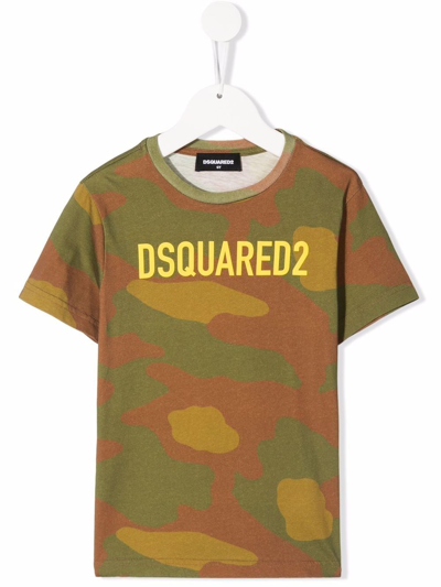 Dsquared2 Kids Camouflage-print Logo Cotton T-shirt In Green