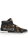 MOSCHINO LOGO LETTERING LEATHER HIGH TOP SNEAKERS, BLACK