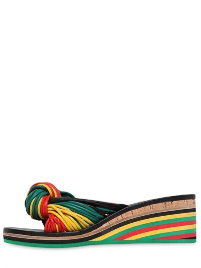 Shop Chloé 60mm Jamaica Knot Leather Wedge Sandals, Black/green/red