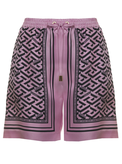 Shop Versace Silk Bermuda Shorts With Monogram Foulard Print In Pink