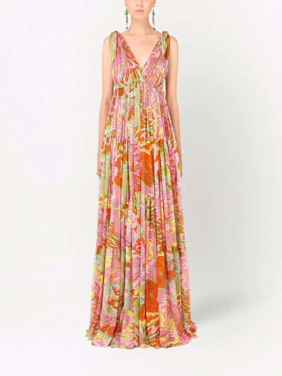 Shop Dolce & Gabbana '60s-print Long Chiffon Dress In Multicolour