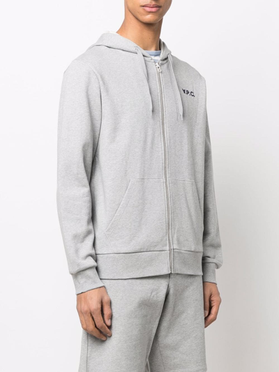 Shop Apc Embroidered Logo Zip-up Hoodie In Grey