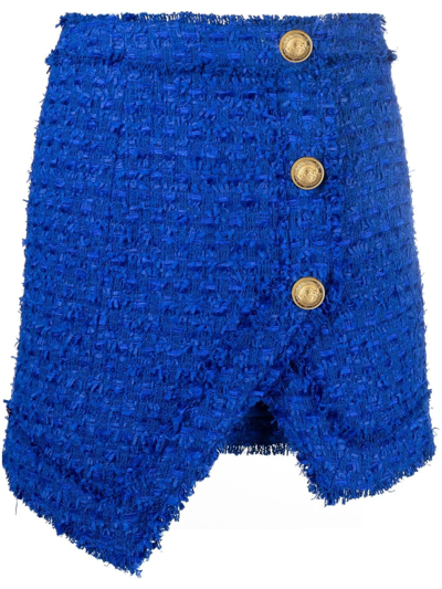 Shop Balmain Textured-tweed Mini Skirt In Blue