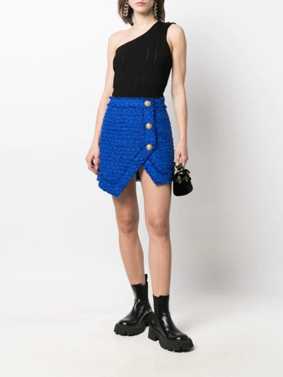 Shop Balmain Textured-tweed Mini Skirt In Blue