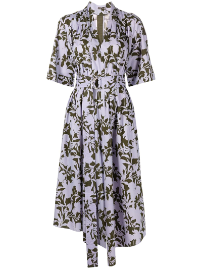 Shop Adam Lippes Foliage-print Belted Shirt Dress In Purple