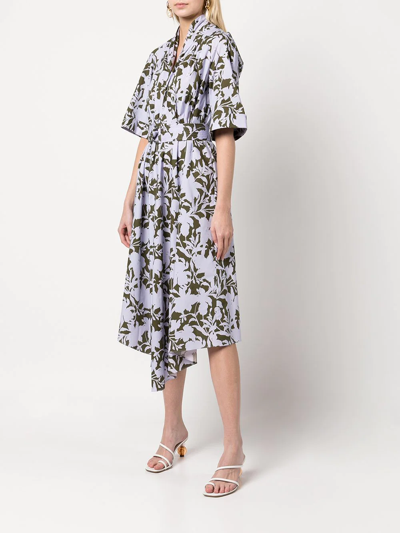 Shop Adam Lippes Foliage-print Belted Shirt Dress In Purple