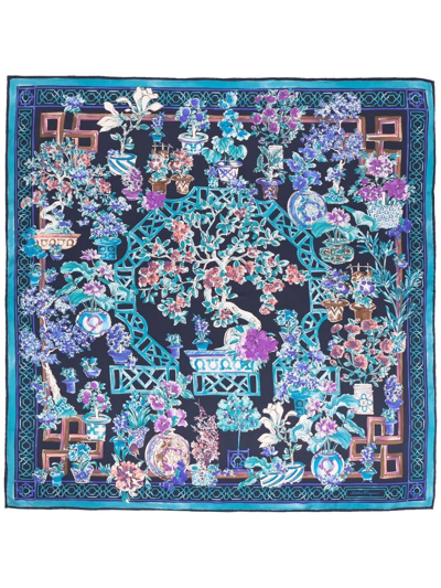 Shop Ferragamo Floral-print Silk Foulard Scarf In Blue