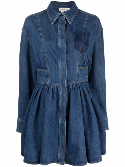 Alexander Mcqueen Pleated Denim Shirt Minidress In Blue