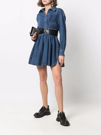 Alexander Mcqueen Pleated Denim Shirt Minidress In Blue