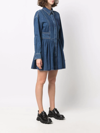 Alexander Mcqueen Pleated Denim Shirt Minidress In Blue