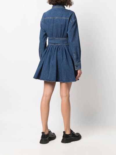 Alexander Mcqueen Pleated Denim Shirt Minidress In Blue