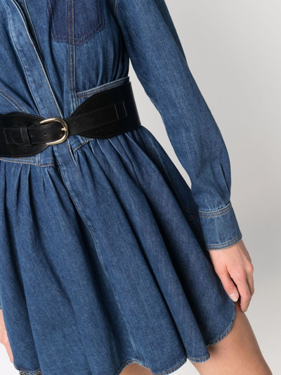 Alexander Mcqueen Pleated Denim Shirt Minidress In Blue