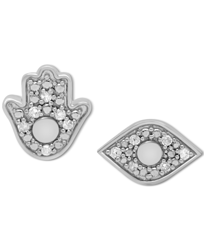 Macy's Diamond Hamsa Hand & Evil Eye Mismatch Stud Earrings (1/10 Ct. T.w.) In Sterling Silver In Sterling Silver