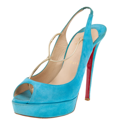 Pre-owned Christian Louboutin Blue Suede Alta Spritney Platform Slingback Sandals Size 40