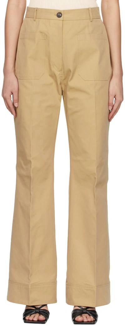 Drae Beige Cotton Patch Pocket Flared Trousers In Beige