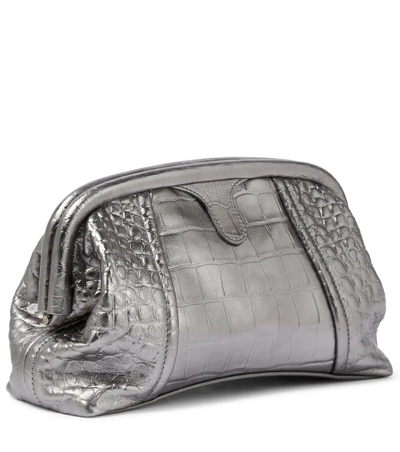 Shop Balenciaga Editor Xs Croc-effect Leather Clutch In 银色