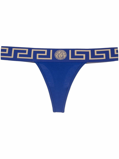 Shop Versace Thong Adorned With Greek On Board In Blu