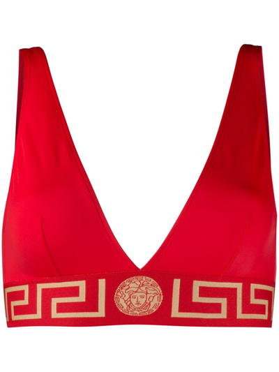 Shop Versace Greek Border Bikini Top In Rosso