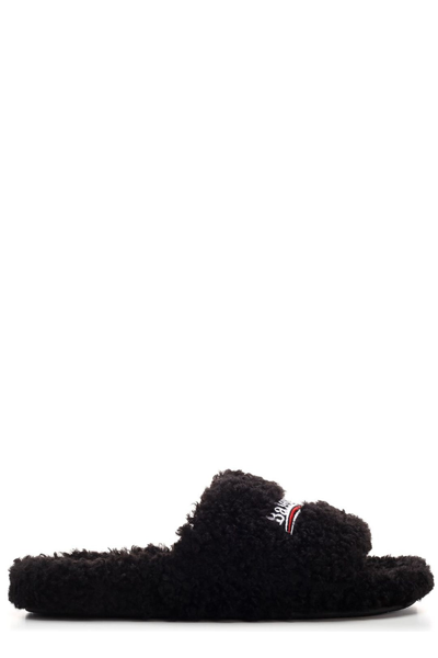 Shop Balenciaga Logo Embroidered Furry Slides In Black