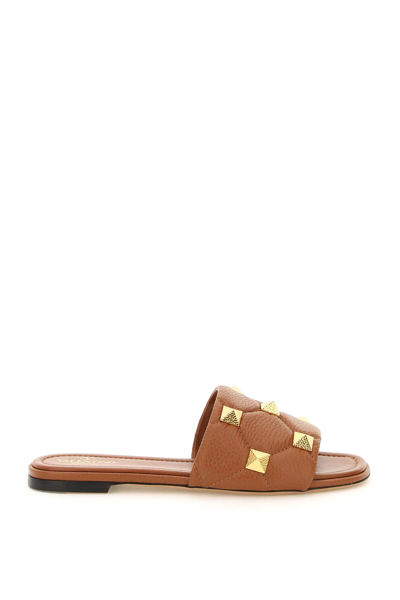 Shop Valentino Roman Stud Leather Slides In Brown
