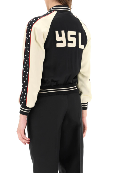 Shop Saint Laurent Teddy Satin Varsity Bomber Jacket With Logo In Black,beige,red