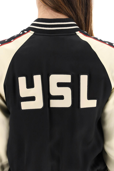 Shop Saint Laurent Teddy Satin Varsity Bomber Jacket With Logo In Black,beige,red