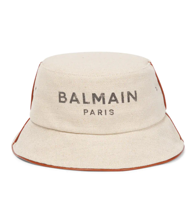 Shop Balmain B-army Cotton And Linen Bucket Hat In 米色