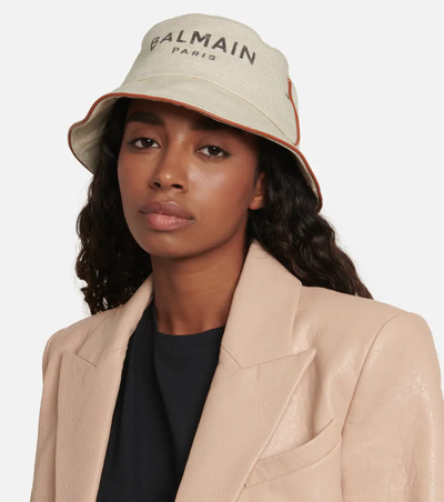 Shop Balmain B-army Cotton And Linen Bucket Hat In 米色