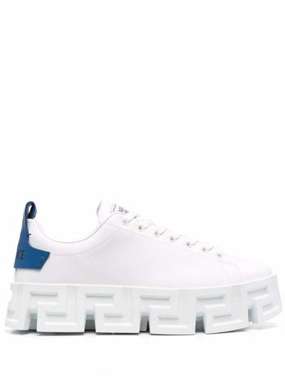 Shop Versace Greek Labyrinth White Mans Leather Sneakers