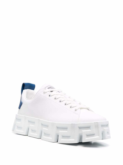 Shop Versace Greek Labyrinth White Mans Leather Sneakers