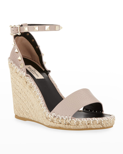 Shop Valentino Rockstud Double Espadrille Wedge Sandals In Poudre