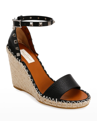 Shop Valentino Rockstud Double Espadrille Wedge Sandals In Nero