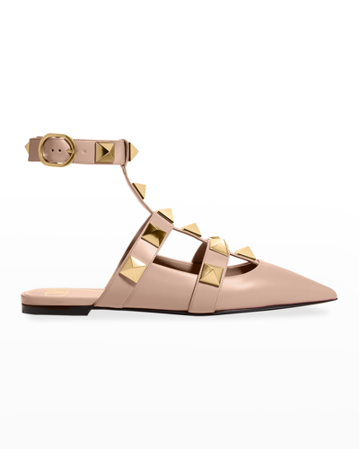 Shop Valentino Roman Stud Ankle-cuff Ballerina Flats In Rose Canelle