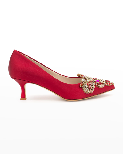 Shop Something Bleu Sabrina Jeweled Kitten-heel Pumps In Lipstick