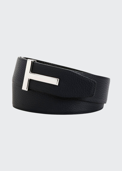 Shop Tom Ford Men's Signature T Reversible Leather Belt In Black And Navy