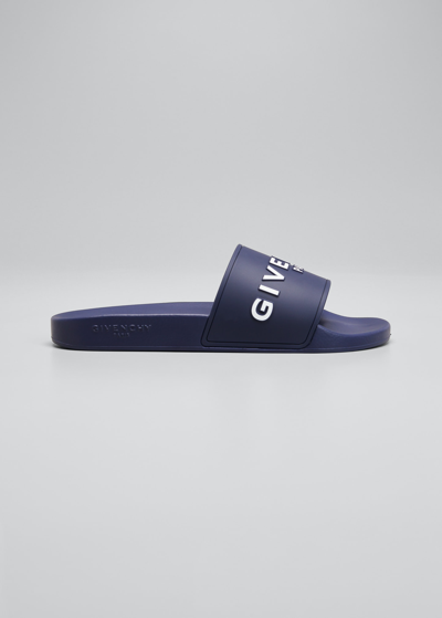 Shop Givenchy Men's Logo Slide Sandals In Steel Blue