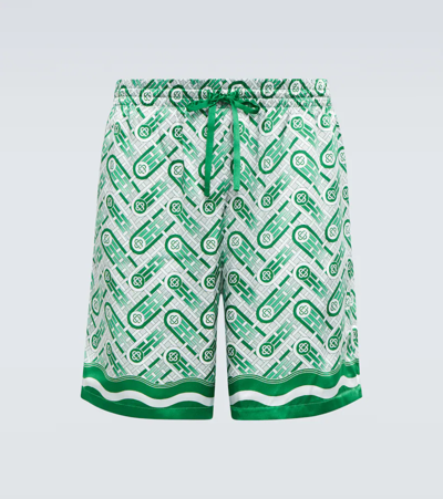 Shop Casablanca Printed Silk Shorts In Green Ping Pong Monogram