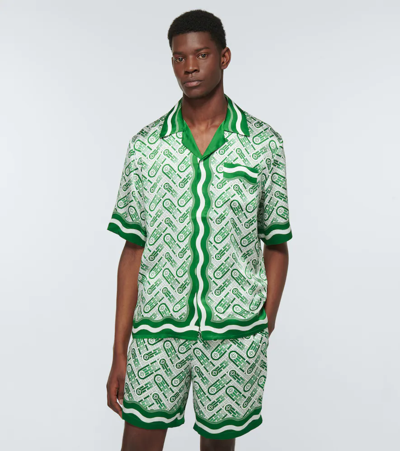 Shop Casablanca Printed Silk Shirt In Green Ping Pong Monogram