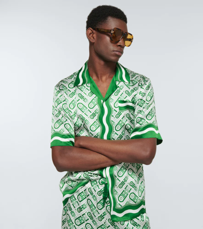 Shop Casablanca Printed Silk Shirt In Green Ping Pong Monogram