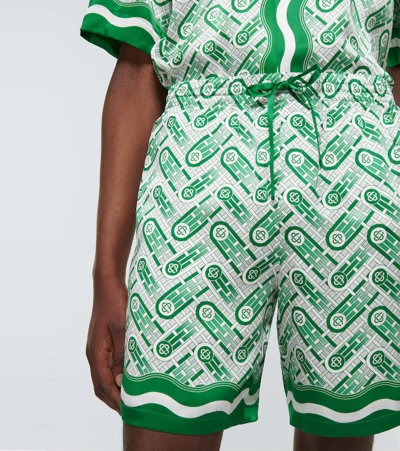 Shop Casablanca Printed Silk Shorts In Green Ping Pong Monogram